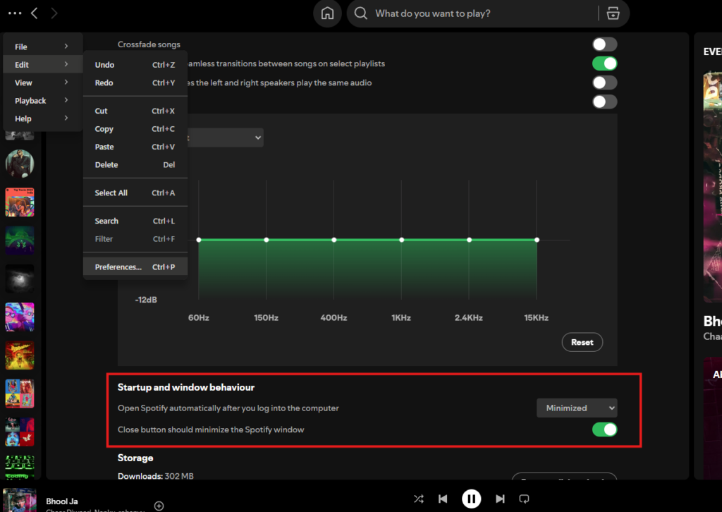 Spotify settings menu, highlighting the "Minimize to Tray" options.