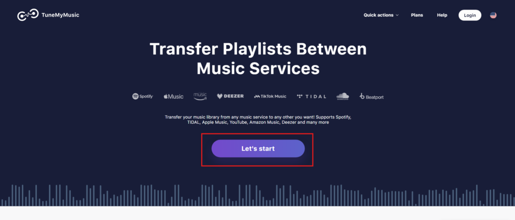 TuneMyMusic homepage with a highlighted “Let’s Start” button.